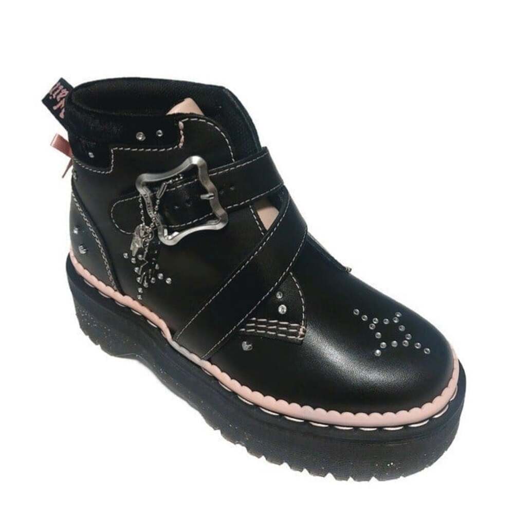 Dr Martens Caitie Leather Buckle Platform Boots Black Powder Pink Womens Size 7